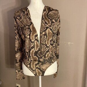 Zara Trafaluc Sz S Snap Closure Bodysuit Shirt Deep Plunge V-Neck Snakeskin